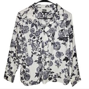 Talbots Non-Iron Popover Brushed Floral Black Gray and White Shirt Medium